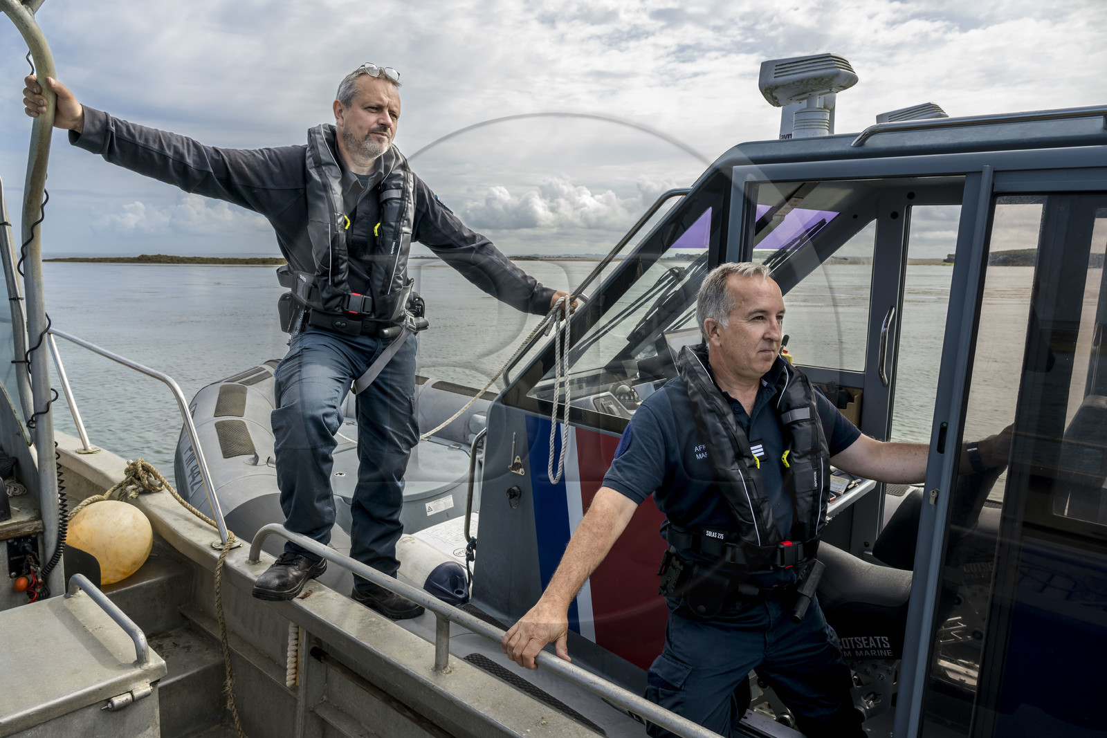 France, Finistère (29), Mer d'Iroise, archipel de Molène, Ile de Quéménès, Fréderic Le Meil patrouille à bord du bateau rapide des affaires maritimes de Brest