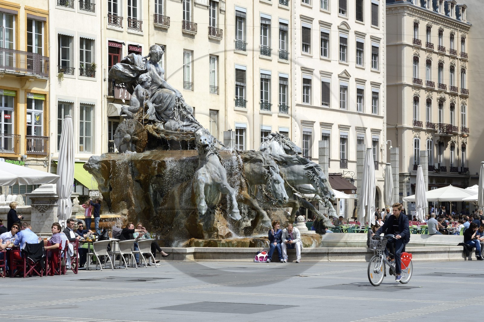 France, Rhone, Lyon, historical site listed as World Heritage by UNESCO, Place des Terreaux, Bartholdi Fountain