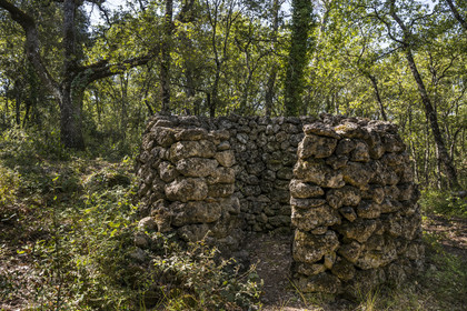 France, Var (83), Provence Verte, Bras, vers Saint-Maximin-la-Sainte-Baume, forêt du domaine Le Peyrourier - une campagne en Provence, abri pour la chasse à l'affût dit à l'agachon