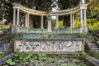 France, Alpes-Maritimes, Menton, Fontana Rosa Garden, Cervantes rotunda, bust of Cervantes and ceramic tiles decorated benches depicting Don Quixote's adventures
