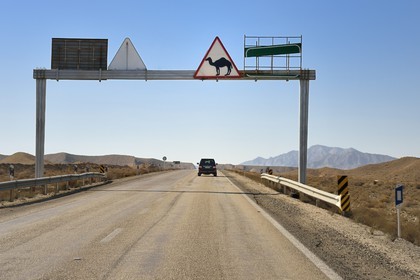 Iran, Province de Yazd, désert du Dasht-e Kavir, Rabat-e-posht-e-Badam, panneau indicateur de traversée de Chameau, les dromadaires sont responsables de nombreux accidents notamment de nuit sur les routes