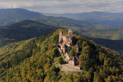 France, Bas Rhin, Orschwiller, Alsace Wine Road, Haut Koenigsbourg Castle in the Vosges forest (aerial view)