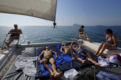 Morocco, Oriental Region, on catamaran board off Ras Kebdana (also called Cabo de Agua)