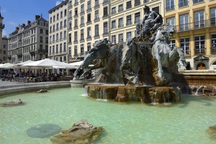 France, Rhone, Lyon, historical site listed as World Heritage by UNESCO, Place des Terreaux, Bartholdi Fountain