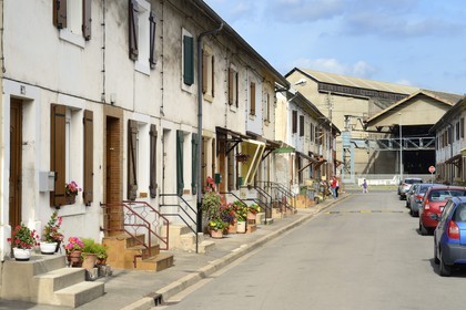France, Moselle, Fensch Valley, workers' housing estate of Knutange, the Saint Jacques plant property of Tata Steel is at the end of the Rue des Allies