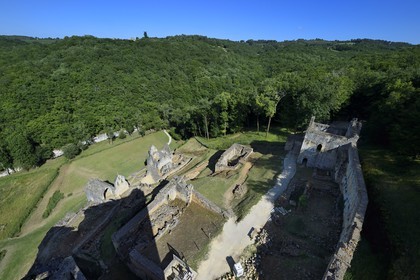 France, Dordogne, Perigord Noir, Les Eyzies de Tayac Sireuil, La Beune river Valley, Commarque Castle ruins