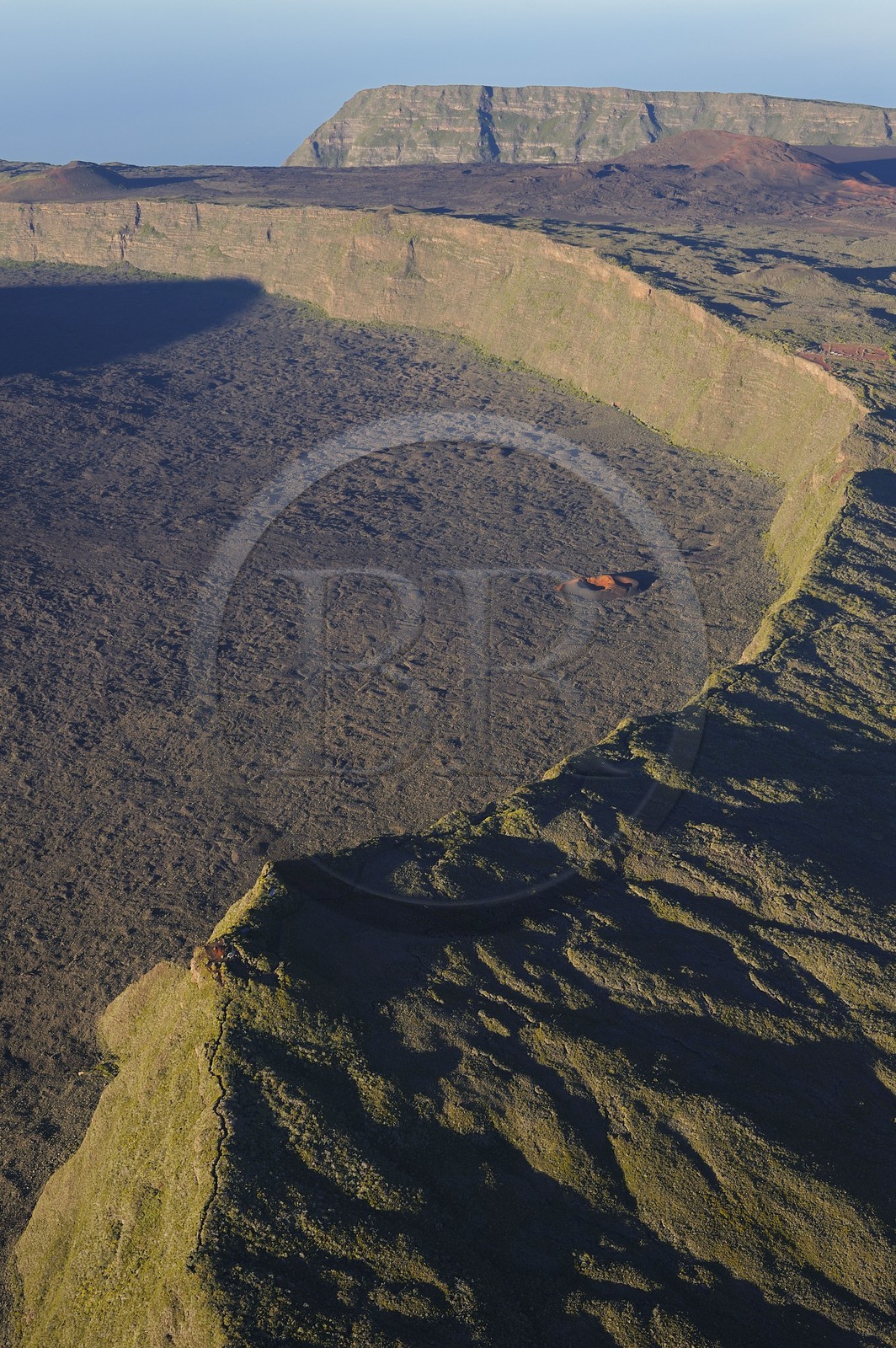 France, Reunion island (French overseas department), Piton de la Fournaise, listed as World Heritage by UNESCO volcano, the Enclos and Formica Leo at the foot of the Pas de Bellecombe (aerial view)
