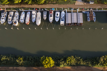 France, Gard, the Petite Camargue, Vauvert, the port of Gallician on the Rhone to Sète Canal early morning (aerial view)