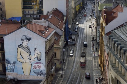 Czech Republic, Prague, Nove Mesto, giant Pepsi-Cola advertising on a mural in the street Jindrisska
