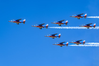 France, Bouches du Rhone, Salon de Provence, air base 701, base of the Patrouille de France (PAF for Patrouille acrobatique de France) of the French Air and Space Force, Alphajet aircraft in formation during a training flight