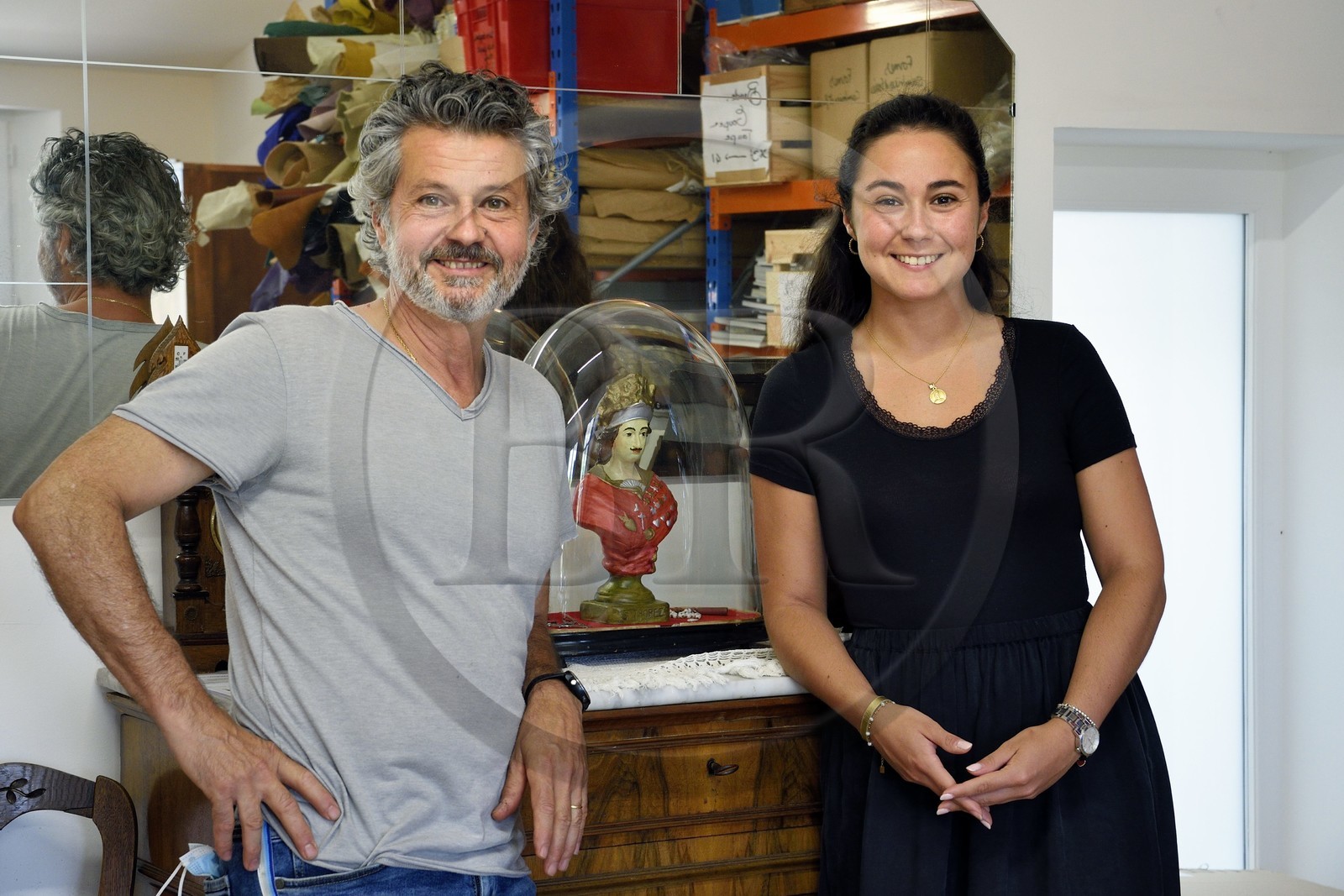France, Var, Saint-Tropez, production of local sandals (Rondini sandals), Alain Rondini and his daughter Clara