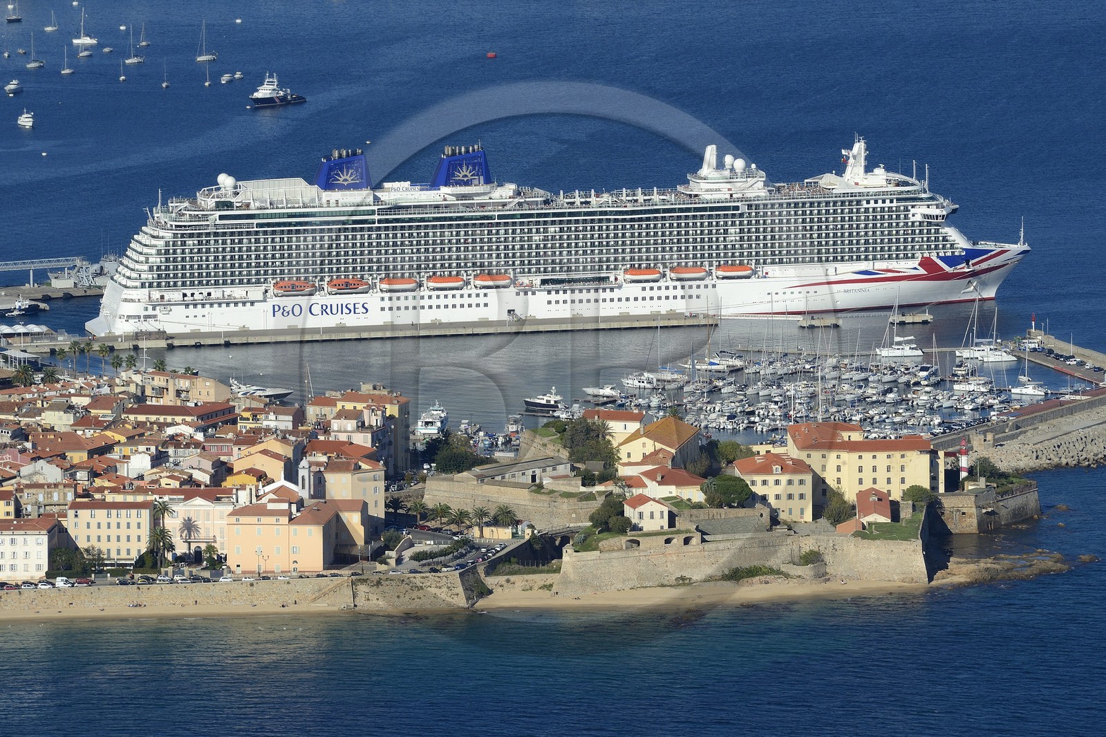 France, Corse du Sud, Ajaccio, the citadel in the old town and the harbor (aerial view)