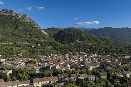 France, Drome, regional natural park of Baronnies provencales, Buis les Baronnies, overlooked by the large limestone blade of the Rocher de Saint-Julien (aerial view)