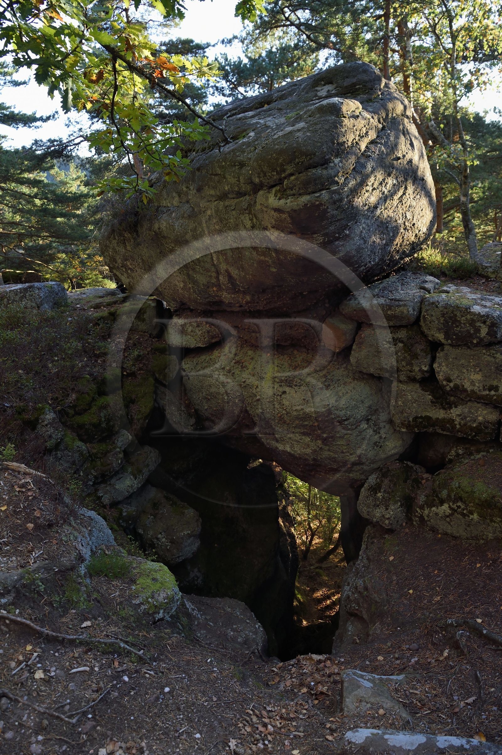 France, Bas-Rhin (67), Mont Saint-Odile, rocher de grès intégré au Mur Païen, vestige d'un mur d'enceinte probablement de l'époque mérovingienne d'une longueur totale de onze kilomètres, poterne