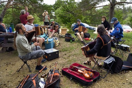 France, Var, Plan d'Aups Sainte Baume, Sainte-Baume Regional Nature Park, Sainte-Baume Massif, meeting of traditional musicians at the foot of the massif
