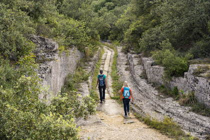 France, Gard (30), Vers-Pont-du-Gard, carrières de pierre sur le tracé de l'aqueduc romain de Nimes, profondes ornières laissées dans la roche du chemin par les roues des chariots qui y ont circulés depuis l'époque romaine
