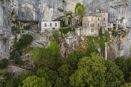 France, Var, Plan d'Aups Sainte Baume, Sainte-Baume Regional Nature Park, Sainte Baume massif, the cave sanctuary of Sainte Marie-Madeleine (St. Mary Magdalene) on the side of the 300m cliff (aerial view)