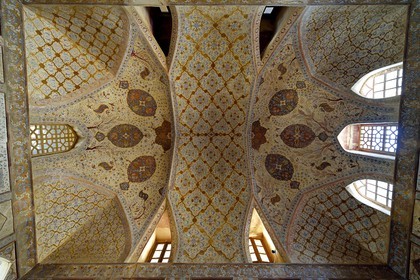 Iran, Isfahan Province, Isfahan, naghsh-i jahan square also known as Imam Khomeiny square, Ali Qapu palace, richly decorated ceiling of the reception hall