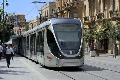 Israel, Jerusalem light rail on Jaffa Road, the line is 13.9 kilometers (8.6 mi) long with 23 stops and the train began to run on August 19, 2011