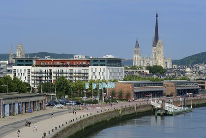 France, Seine-Maritime (76), Rouen, les anciens docks sur les quai de Bois-Guilbert et la cathédrale Notre-Dame en arrière-plan