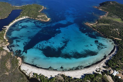 France, Corse du Sud, Bouche de Bonifacio Nature Reserve, Rondinara bay and beach (aerial view)