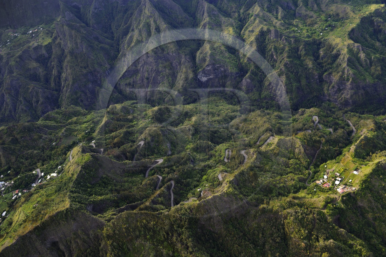 France, Reunion island (French overseas department), cirque of Cilaos, listed as World Heritage by UNESCO, National Highway 5 access road to the cirque also known as the 400 turns road (aerial view)