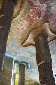 Spain, Catalonia, Barcelona, Eixample district, Passeig de Gracia, Pedrera or Casa Mila (1905-1910) by the Catalan modernist architect Antoni Gaudi, UNESCO World Heritage site, frescoes and columns of the main entrance