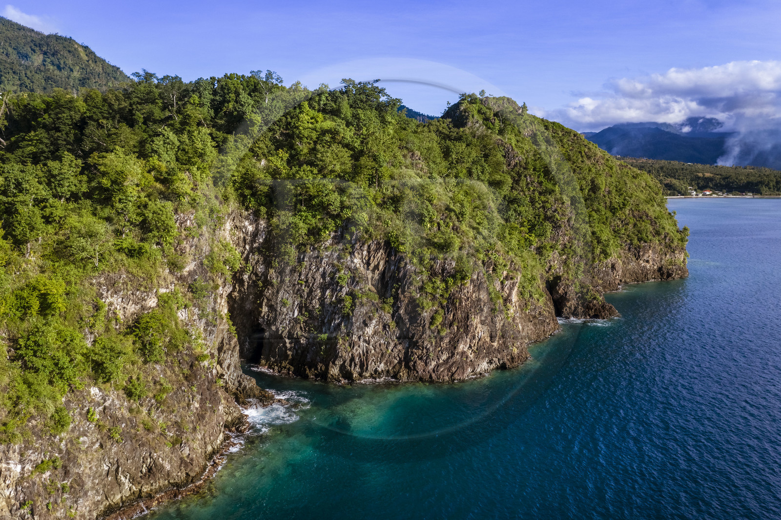 Caraïbes, Ile de la Dominique, Pointe de Toucari Bay au nord de Portsmouth (vue aérienne)