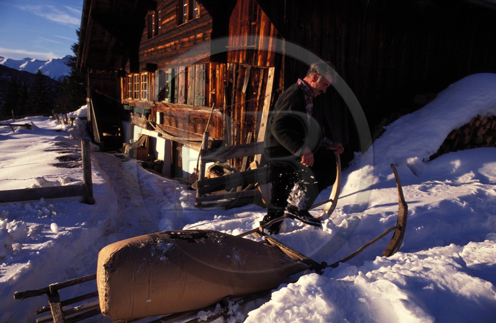 Switzerland, region of Bern (Bernese Oberland), Saanenland, sledge and traditional farm in Gstaad