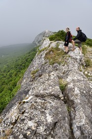 France, Var, Plan d'Aups Sainte Baume, Sainte-Baume Regional Nature Park, Sainte-Baume Massif, hikers on the GR 98 at the top of the cliff overlooking the relict forest and the chapel of Saint-Pilon in the background