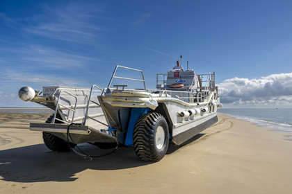 France, Gironde, Verdon sur Mer, rocky plateau of Cordouan, lighthouse of Cordouan, listed as World Heritage by UNESCO, visit to the lighthouse with transfer by boat and amphibious barge