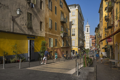 France, Alpes-Maritimes, Nice, listed as World Heritage by UNESCO, Old Nice, Rue Rossetti and the bell tower of the Sainte Reparate Cathedral in the background