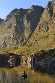 Norway, Nordland County, Lofoten Islands, town of A (Å) at the end of Moskenes, boats on a small lake