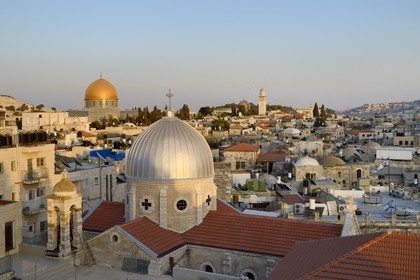 Israel, Jerusalem, holy city, the old town listed as World Heritage by UNESCO, the roofs of the Muslim Quarter, the church of Our Lady of the Spasm and the Dome of the Rock in the background