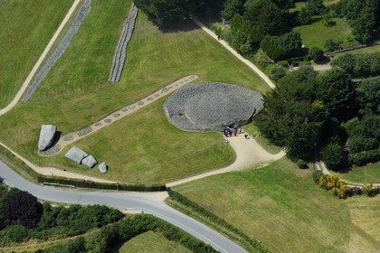 France, Morbihan, Gulf of Morbihan (Golfe du Morbihan), Locmariaquer, Er Grah menhir and Table des Marchands cairn (aerial view)