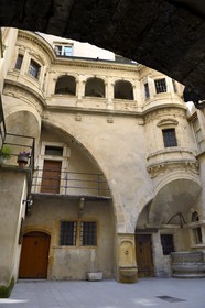France, Rhone, Lyon, historical site listed as World Heritage by UNESCO, St. Paul neighborhood in the Vieux Lyon (Old Town), traboule of the Hotel Bullioud and the Renaissance gallery Philibert de l'Orme (or Delorme)