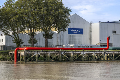 France, Loire Atlantique, Indre, Estuary open-air contemporary art collection, Red Serpentine created by Cherokee artist Jimmie Durham in front of the former Indret foundry occupied by the Propulsion Unit of Naval Group on the banks of the Loire river
