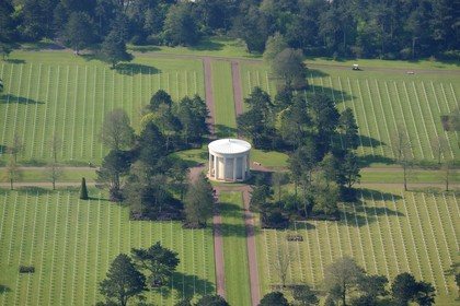 France, Calvados, Colleville sur Mer, Omaha Beach, Normandy American cemetery (aerial view).