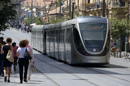 Israel, Jerusalem light rail on Jaffa Road, the line is 13.9 kilometers (8.6 mi) long with 23 stops and the train began to run on August 19, 2011