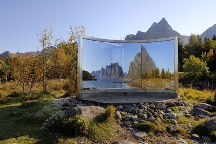 Norway, Nordland County, Lofoten Islands, Dan Graham's artwork on Vagan Island, reflexion of the mountains of Vestvagoy Island