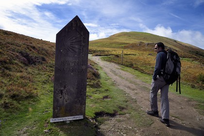 France, Pyrenees Atlantiques, Basque Country, Camino de Santiago (the Way of St. James) on the GR 65 between Saint Jean Pied de Port and Roncesvalles towards the Bentarte Pass, border marker between Navarre in Spain and Lower Navarre in France