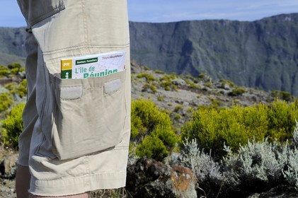 France, Reunion island (French overseas department), Piton de la Fournaise volcano, listed as World Heritage by UNESCO, hikers on the trail at the top of the Enclos