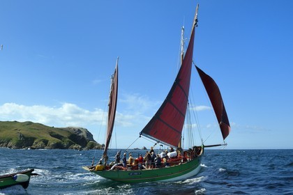 France, Cotes-d'Armor, Perros-Guirec, Sept-Iles Archipelago and bird sanctuary, the traditional sailboat Sant C'hireg (Saint Guirec) in front of Rouzic island, northern gannets colony (Morus bassanus)