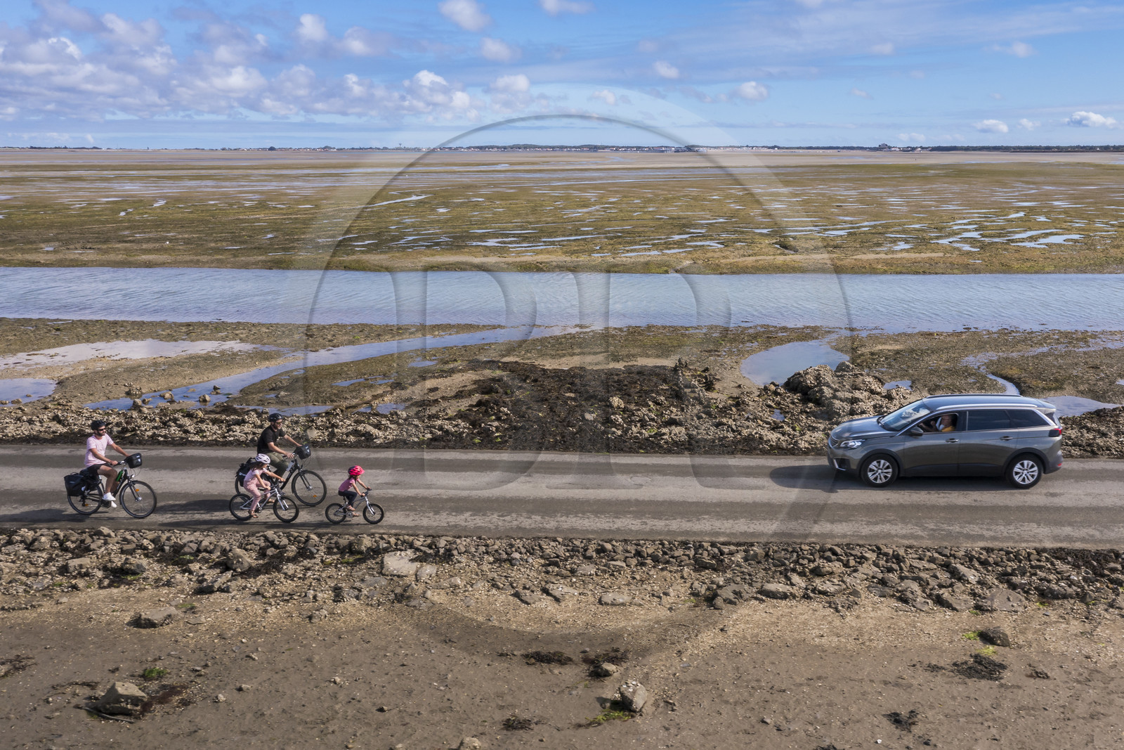 France, Vendée (85), île de Noirmoutier, Barbatre, cyclistes sur le passage du Gois, chaussée submersible qui relie l'île au continent à marrée basse (vue aérienne)