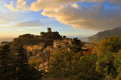 France, Haute Corse, Cap Corse, the hilltop village of Nonza and the Paoline Tower (Torra paolina)