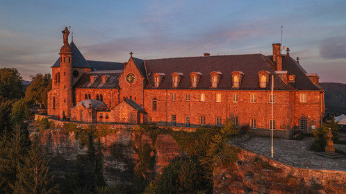 France, Bas Rhin, Mont Saint Odile, Mont Sainte-Odile Abbey also known as Hohenburg Abbey, statue of Saint Odile placed on the roof of the convent and facing the plain of Alsace (aerial view)