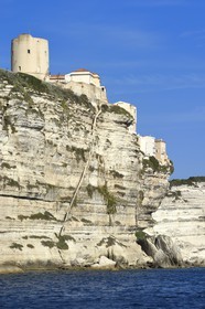France, Corse du Sud, Bonifacio, the staircase of the King of Aragon sculpted in the limestone cliffs and the the dungeon