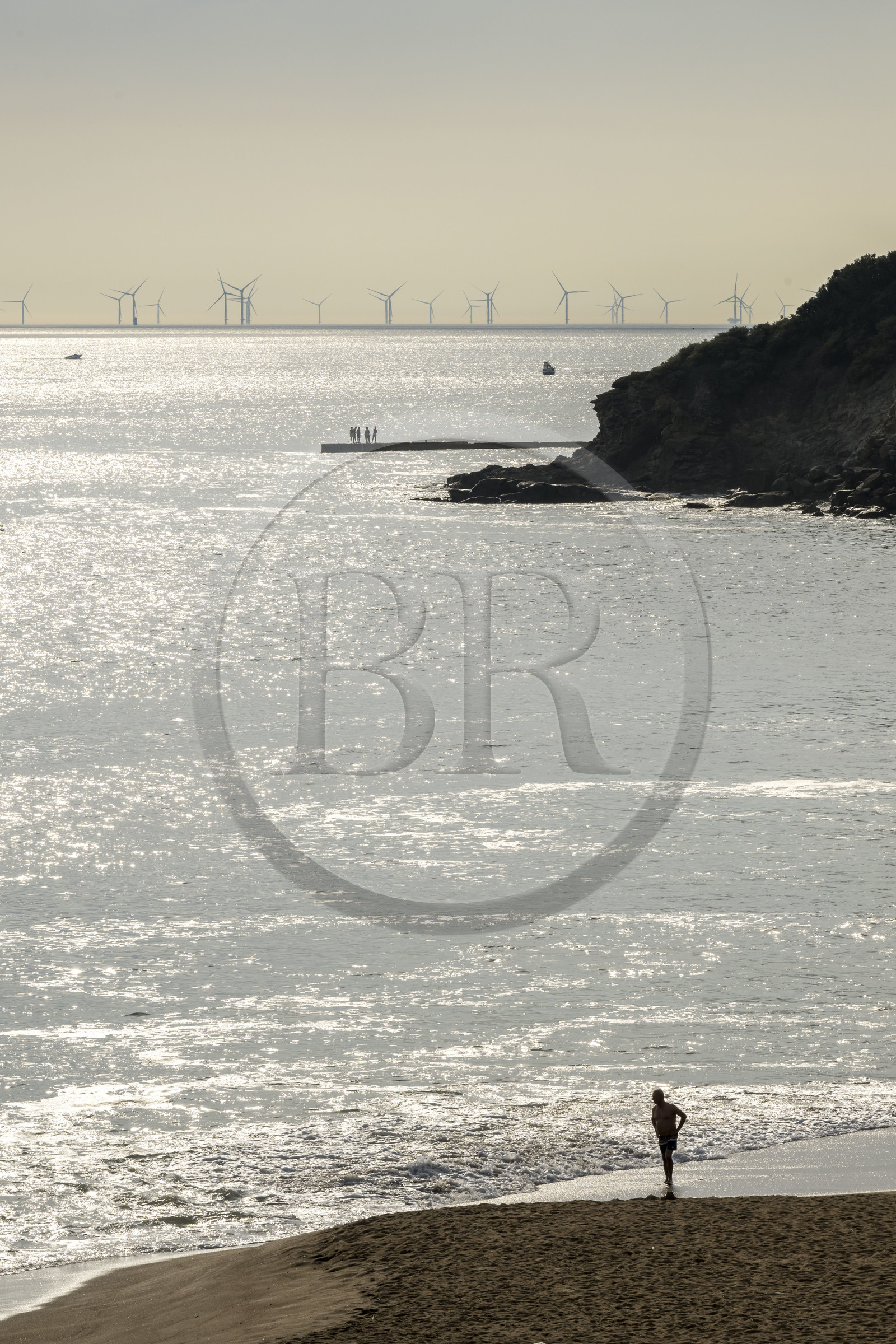 France, Loire Atlantique, Estuaire de la Loire, Saint Nazaire, Courance beach in Saint-Marc-sur-Mer and the offshore wind farm of Saint-Nazaire in the background