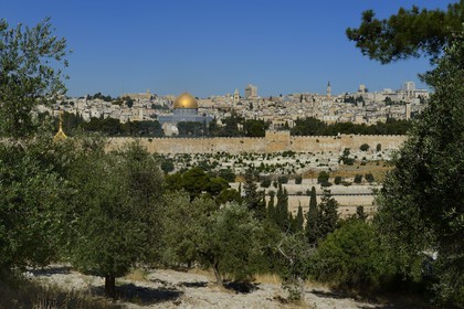 Israel, Jerusalem, holy city, the old town listed as World Heritage by UNESCO, the Dome of the Rock on Haram el-Sharif seen from the Mount of Olives