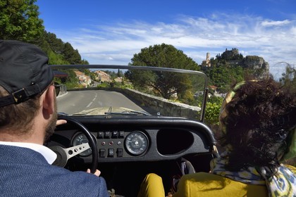 France, Alpes Maritimes, discovering the coast in a Morgan Roadster 4 4 vintage car, here on a road going to the hilltop village of Eze